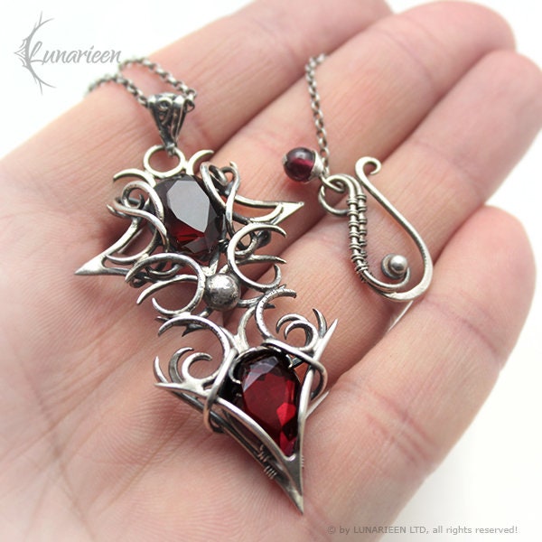 Sterling Silver, Fantasy Gothic style Necklace Pendant, Garnet Red Quartz, Vampire Elven Witchy Unisex Unique Jewellery Jewelry Gift