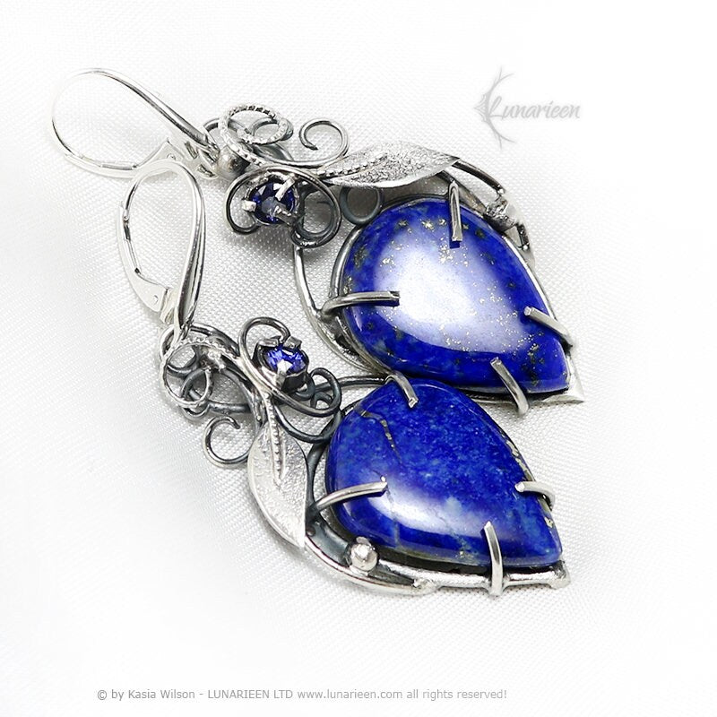 Silver earrings wire wrapped gift for her floral elven fantasy wire wrap silver earrings gothic witchy jewelry Lapis lazuli leaf