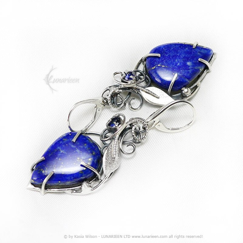 Silver earrings wire wrapped gift for her floral elven fantasy wire wrap silver earrings gothic witchy jewelry Lapis lazuli leaf