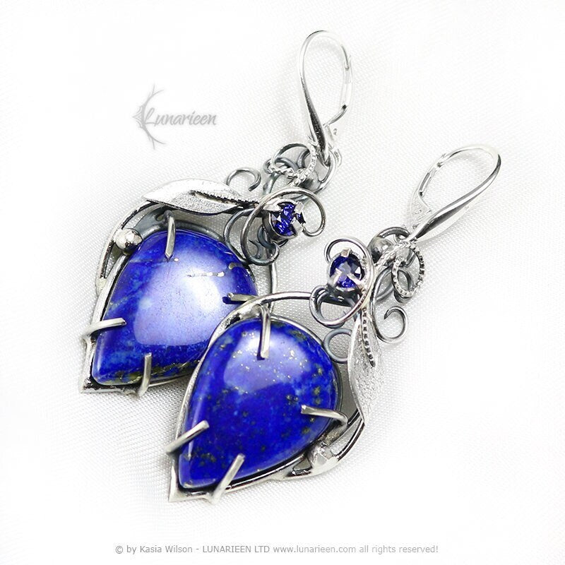 Silver earrings wire wrapped gift for her floral elven fantasy wire wrap silver earrings gothic witchy jewelry Lapis lazuli leaf