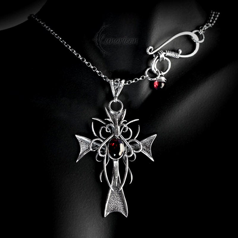 Sterling Silver Handmade Gothic Crucifix Cross Catholic Ornate Filigree Necklace Pendant Holy Charm, Natural Garnet, Unique Gift Jewellery