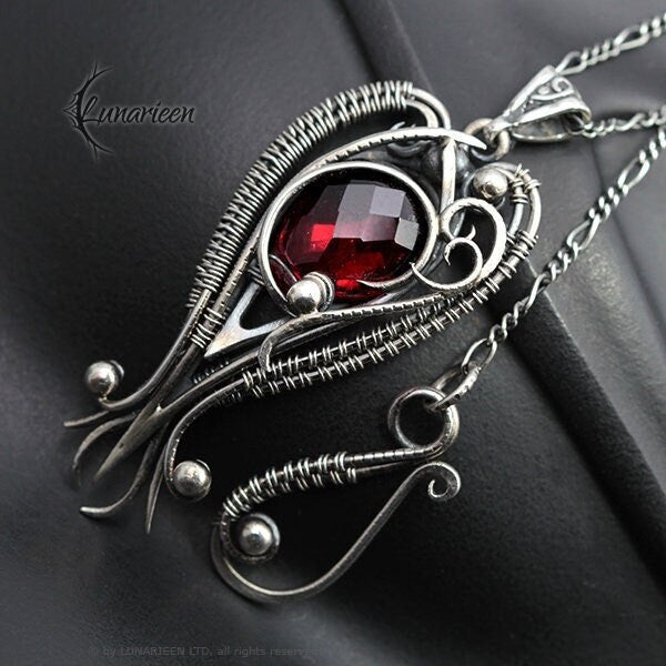 Sterling Silver, Fantasy Gothic style Necklace Pendant, Red Quartz, Vampire Elven Witchy, Unisex Unique Jewellery Jewelry Gift