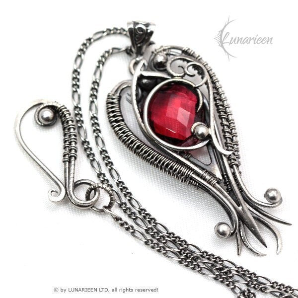 Sterling Silver, Fantasy Gothic style Necklace Pendant, Red Quartz, Vampire Elven Witchy, Unisex Unique Jewellery Jewelry Gift