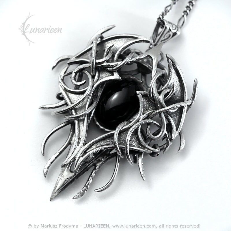 Sterling Silver wire wrapped necklace Black Onyx vampire witchy fantasy pagan gothic unisex pendant