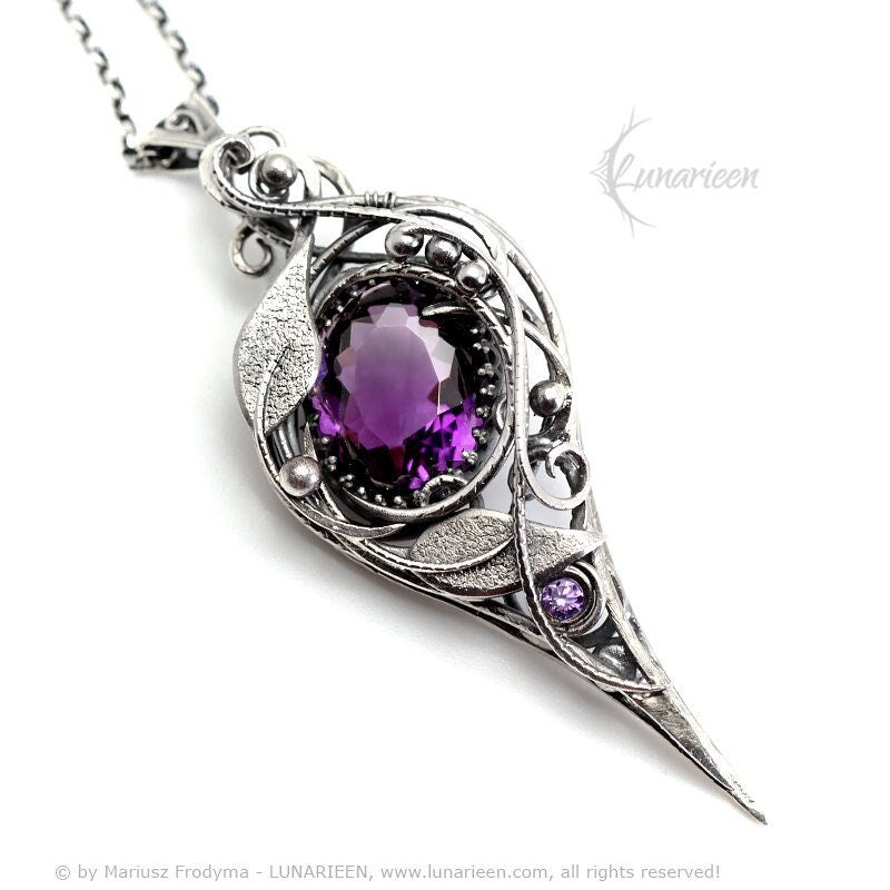 Sterling Silver Wire wrapped Floral Filigree Necklace Pendant Purple Amethyst Fantasy Elven Elvish Unique Gift Jewellery Jewelry