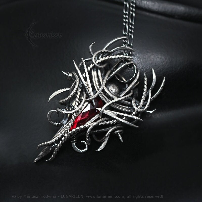 Sterling Silver wire wrapped necklace red quartz jewelry jewellery pendant pagan gothic fantasy vampire elvish witchy unisex unique gift