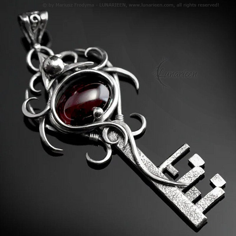 Sterling Silver Wire Wrapped Luck Skeleton Key Fantasy Gothic Pendant Necklace, Red Garnet, Unique Gift Jewellery Jewelry