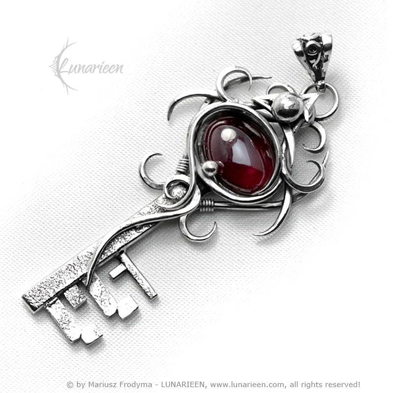 Sterling Silver Wire Wrapped Luck Skeleton Key Fantasy Gothic Pendant Necklace, Red Garnet, Unique Gift Jewellery Jewelry