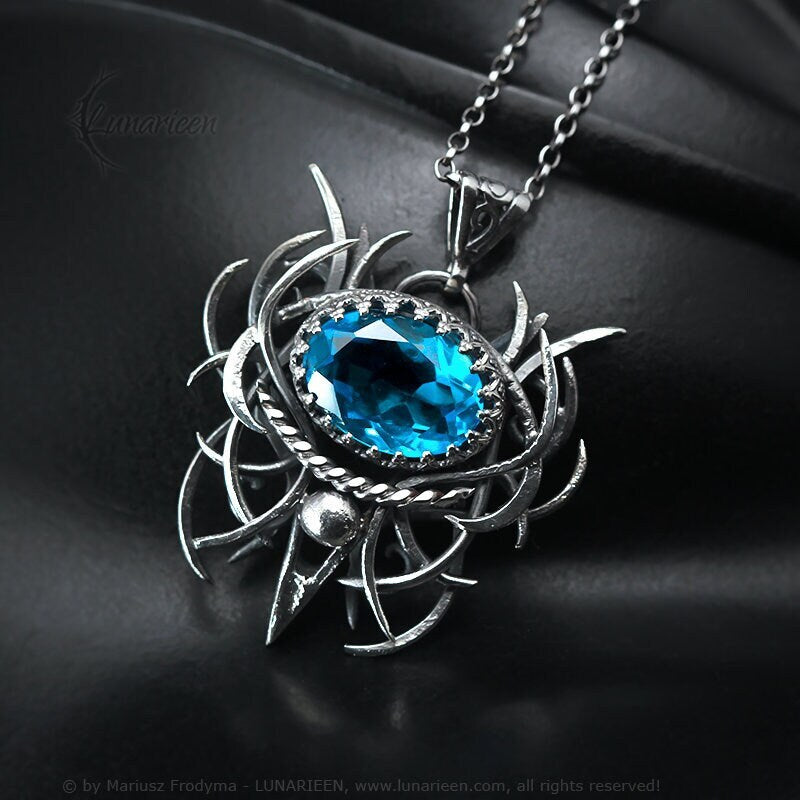 Sterling Silver, Fantasy Gothic style Necklace Pendant, Blue Quartz, Vampire Elven Witchy Jewellery Jewelry, Unisex Unique gift