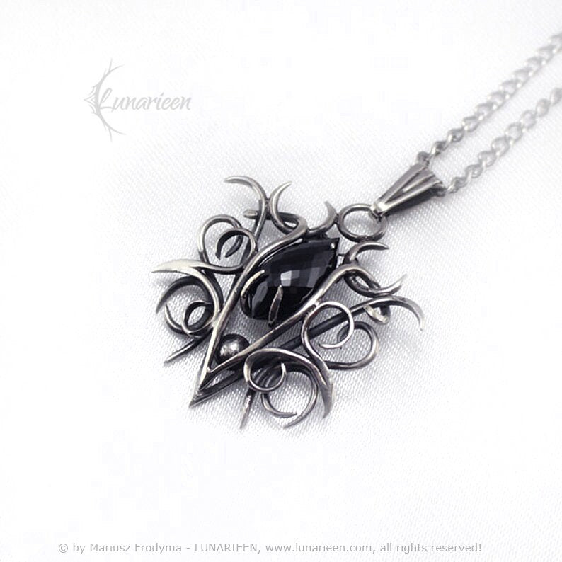 Sterling Silver, Fantasy Gothic style Necklace Pendant, Faceted Black Spinel, Vampire Elven Witchy Jewellery Jewelry, Unisex Unique gift