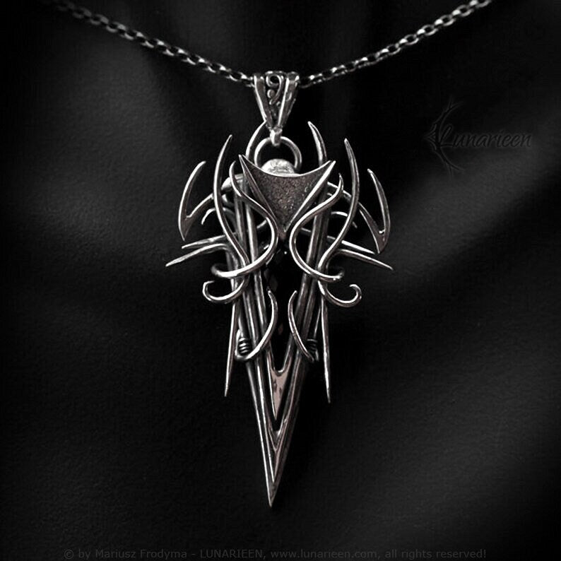 Sterling Silver, Fantasy Gothic style Necklace Pendant, Faceted Black Spinel, Vampire Elven Witchy Jewellery Jewelry, Unisex Unique gift