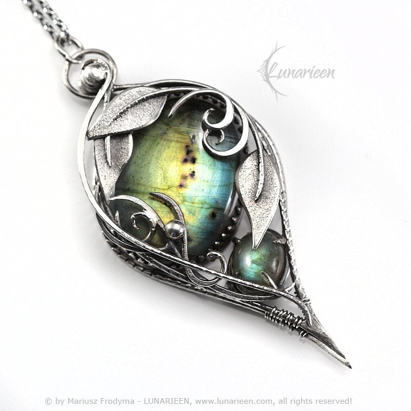 Sterling Silver Wire wrapped Floral Filigree Necklace Pendant Rainbow Labradorite Fantasy Elven Elvish Unique Gift Jewellery Jewelry