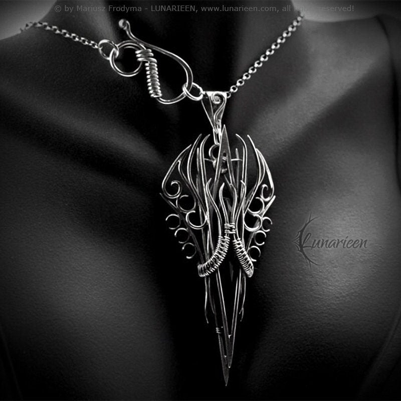 Sterling Silver, Fantasy Gothic style Necklace Pendant, Faceted Black Chalcedony, Vampire Elven Witchy Jewellery Jewelry, Unisex Unique gift