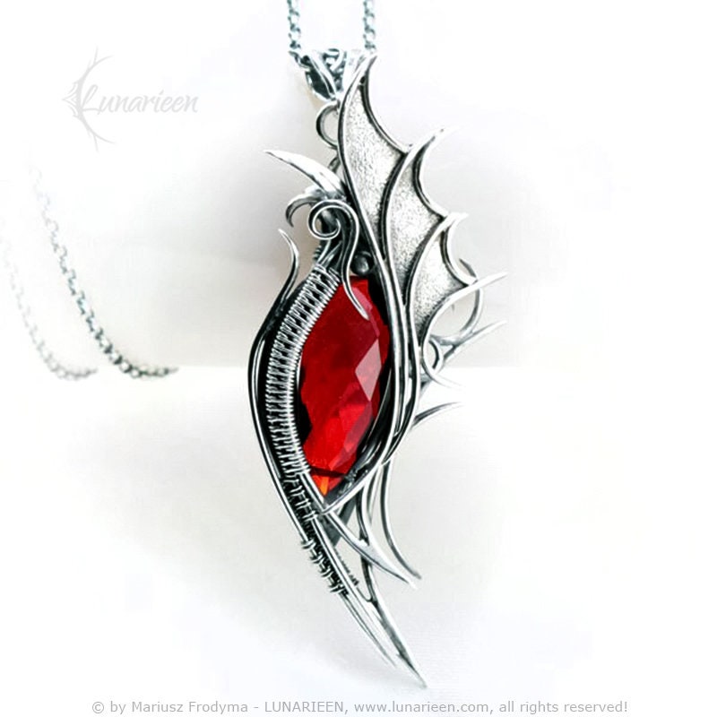 Sterling Silver Wire Wrapped Dragon’s Eye Pendant Necklace Red Quartz Gothic Fantasy Dragon Wings Unique Gift Jewellery Jewelry