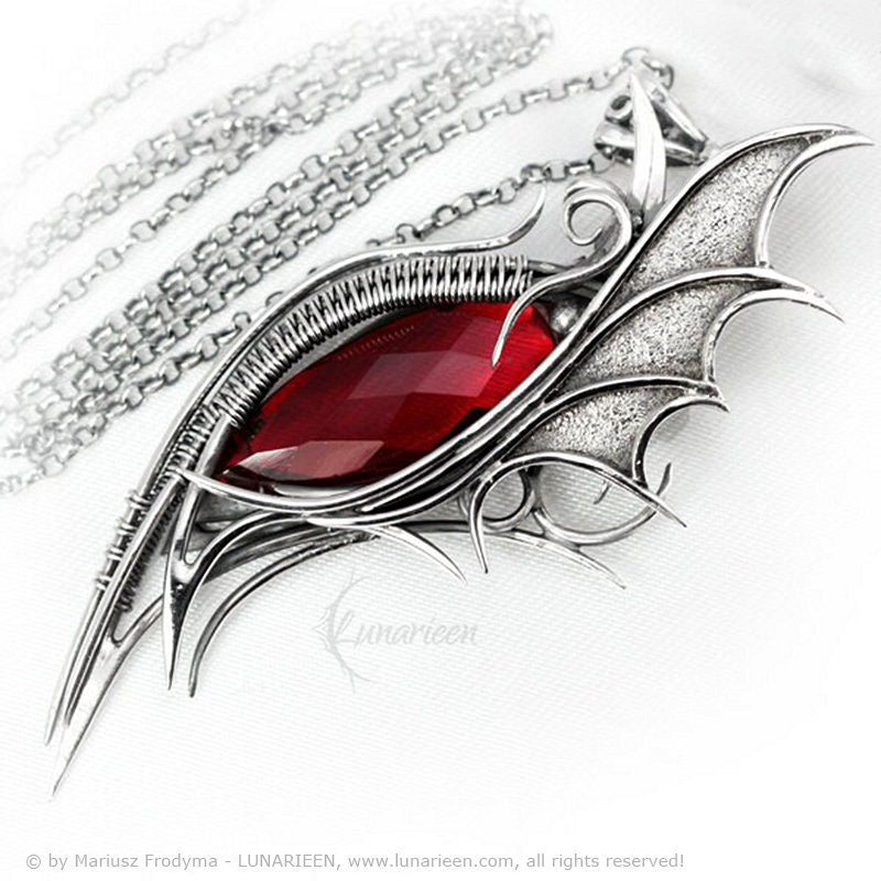 Sterling Silver Wire Wrapped Dragon’s Eye Pendant Necklace Red Quartz Gothic Fantasy Dragon Wings Unique Gift Jewellery Jewelry