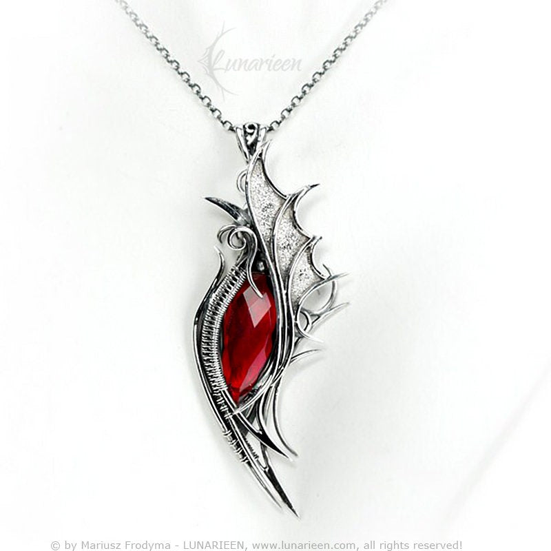 Sterling Silver Wire Wrapped Dragon’s Eye Pendant Necklace Red Quartz Gothic Fantasy Dragon Wings Unique Gift Jewellery Jewelry