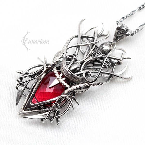 Sterling Silver, Fantasy Gothic style Necklace Pendant, Red Quartz, Vampire Elven Witchy, Unisex Unique Jewellery Jewelry Gift