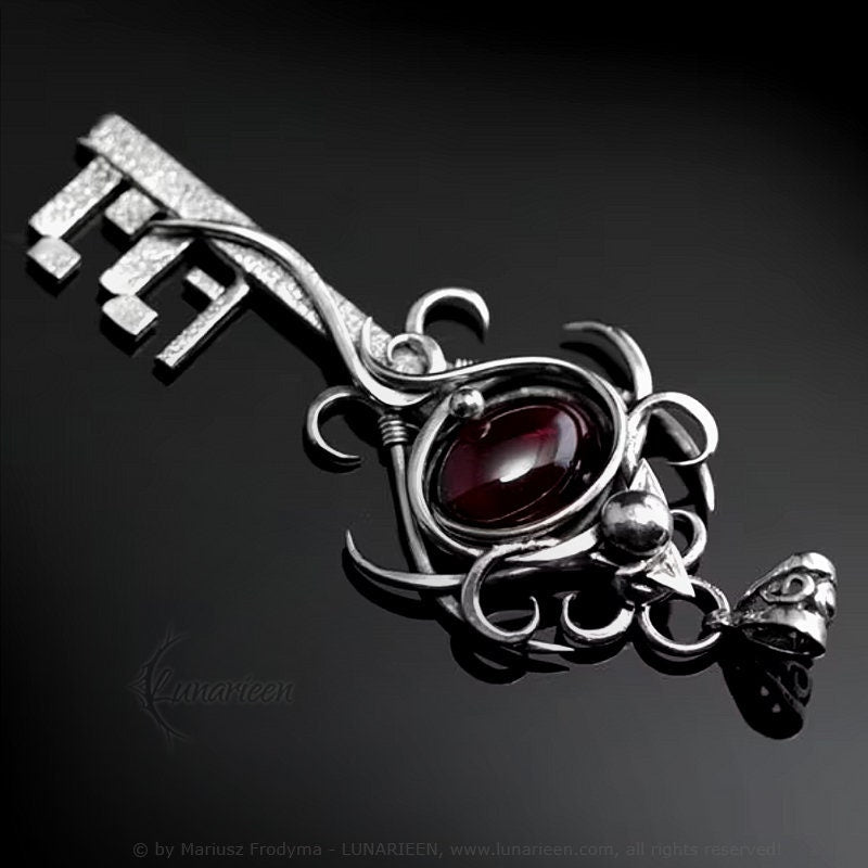 Sterling Silver Wire Wrapped Luck Skeleton Key Fantasy Gothic Pendant Necklace, Red Garnet, Unique Gift Jewellery Jewelry