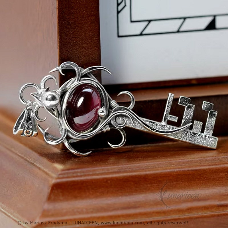 Sterling Silver Wire Wrapped Luck Skeleton Key Fantasy Gothic Pendant Necklace, Red Garnet, Unique Gift Jewellery Jewelry