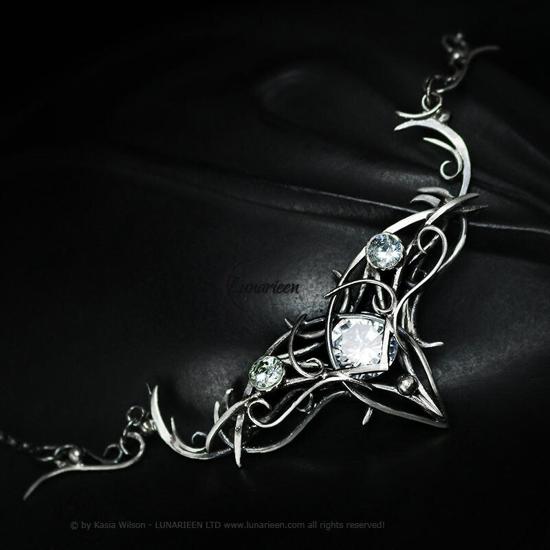 Silver necklace Cubic Zirconia chocker jewelry Elven Pagan pendant fantasy elvish gothic witchy vampire fashion gift goth jewellery