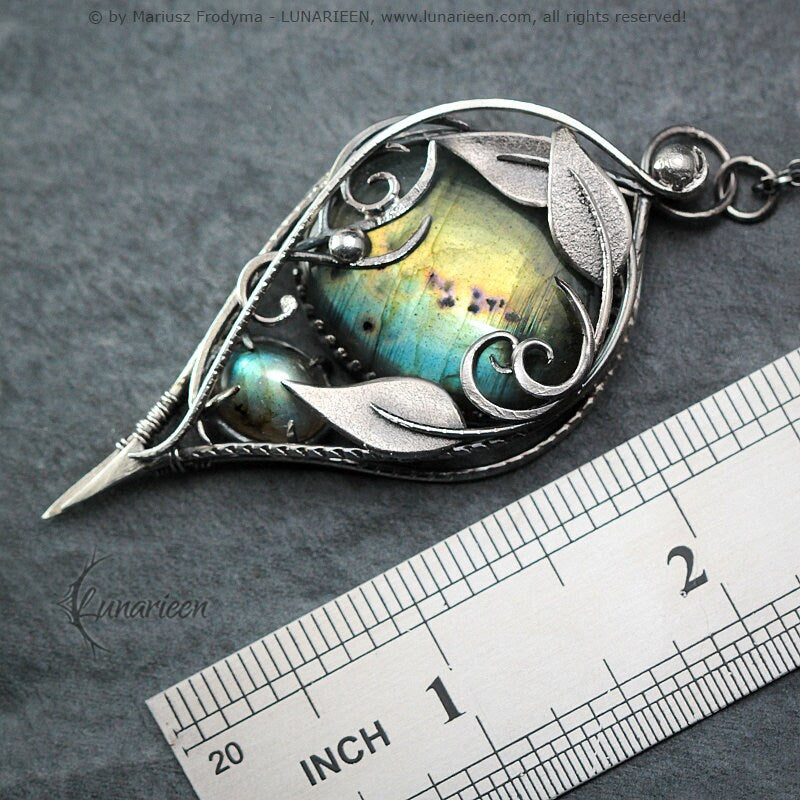 Sterling Silver Wire wrapped Floral Filigree Necklace Pendant Rainbow Labradorite Fantasy Elven Elvish Unique Gift Jewellery Jewelry