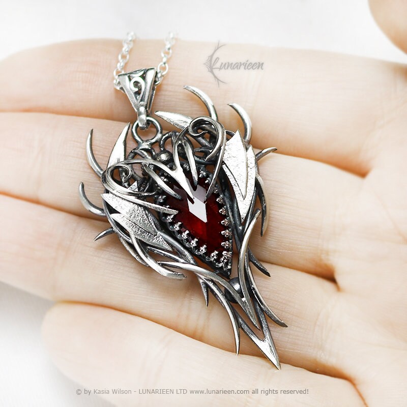 Sterling Silver wire wrap Fantasy Gothic pendant necklace, Red Quartz, Unique Gift, Elven, Elvish Jewelry Vampire Jewellery Dragon