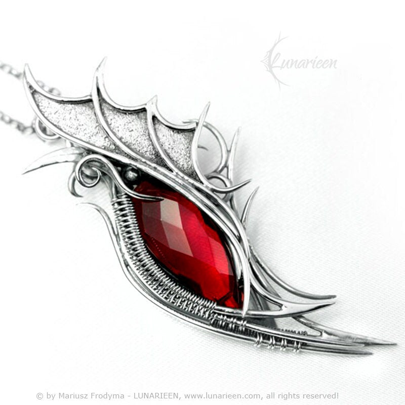 Sterling Silver Wire Wrapped Dragon’s Eye Pendant Necklace Red Quartz Gothic Fantasy Dragon Wings Unique Gift Jewellery Jewelry