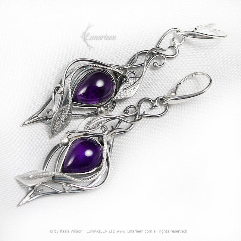 Silver earrings wire wrapped gift for her floral elven fantasy wire wrap silver earrings gothic witchy jewelry Amethyst leaf