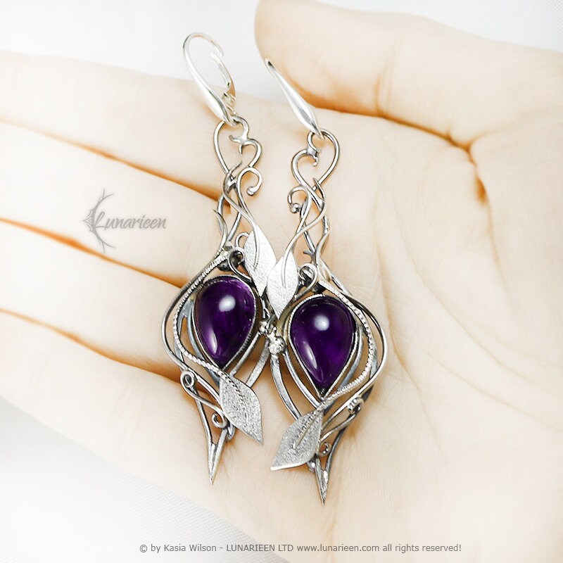 Silver earrings wire wrapped gift for her floral elven fantasy wire wrap silver earrings gothic witchy jewelry Amethyst leaf