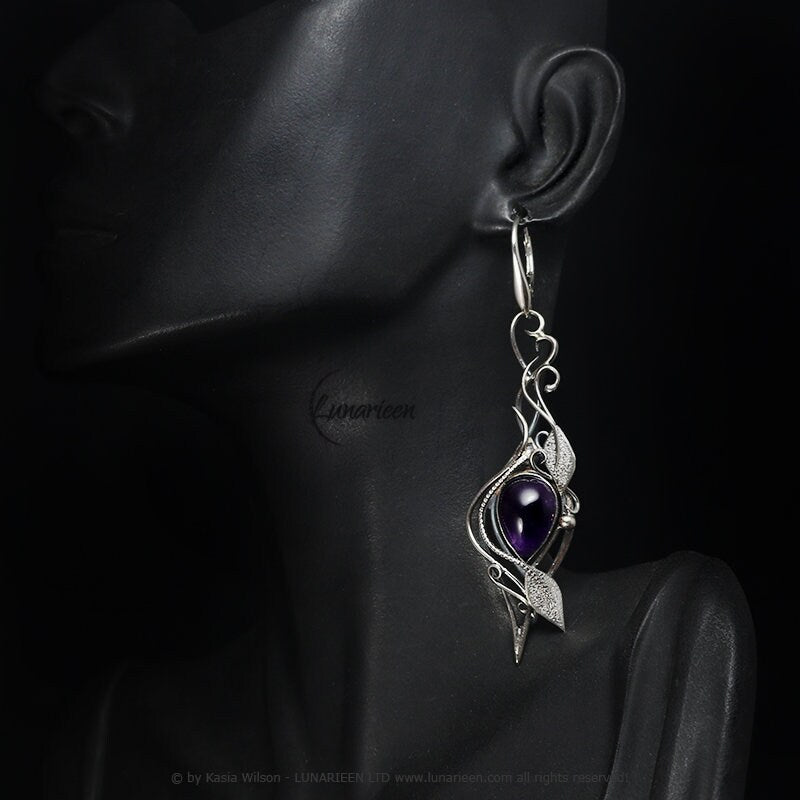 Silver earrings wire wrapped gift for her floral elven fantasy wire wrap silver earrings gothic witchy jewelry Amethyst leaf