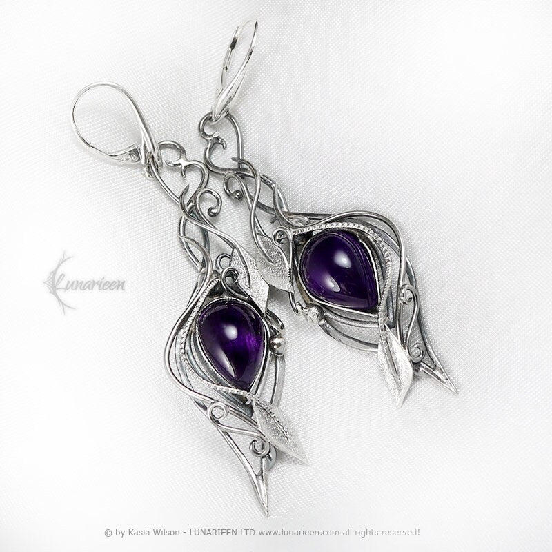 Silver earrings wire wrapped gift for her floral elven fantasy wire wrap silver earrings gothic witchy jewelry Amethyst leaf