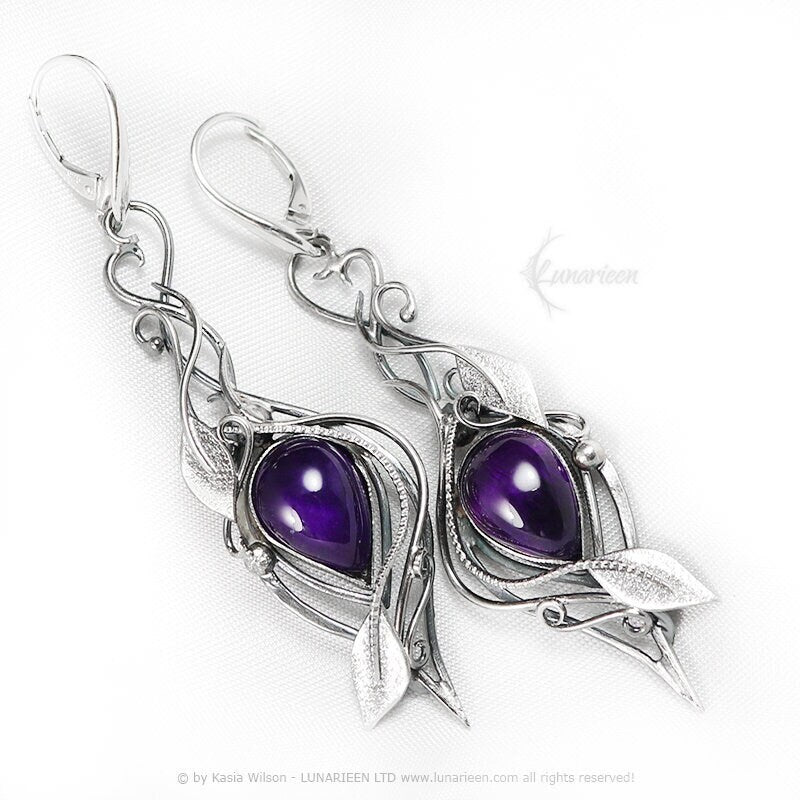 Silver earrings wire wrapped gift for her floral elven fantasy wire wrap silver earrings gothic witchy jewelry Amethyst leaf