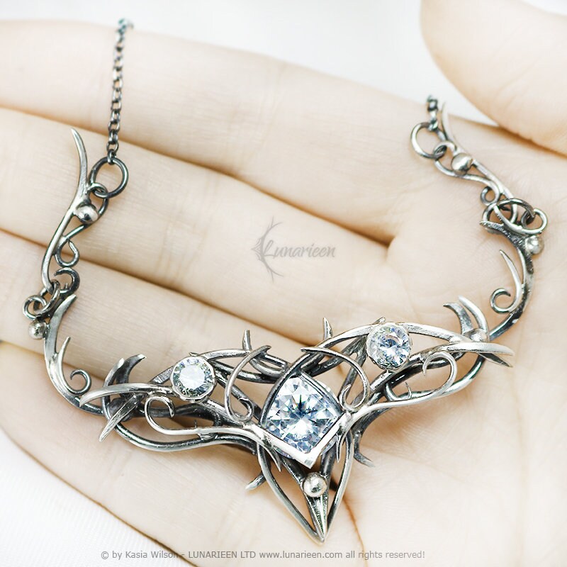 Silver necklace Cubic Zirconia chocker jewelry Elven Pagan pendant fantasy elvish gothic witchy vampire fashion gift goth jewellery