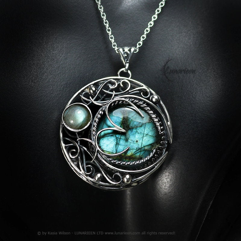 Sterling Silver necklace Crescent Moon Pagan Pendant Labradorite jewellery gothic elven elvish unique fantasy unisex gift vampire style