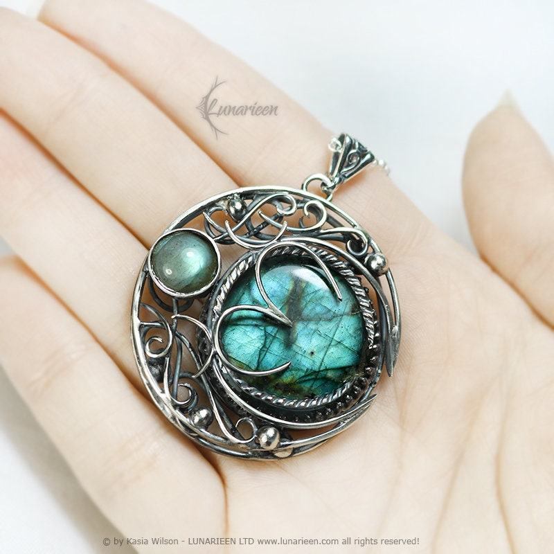 Sterling Silver necklace Crescent Moon Pagan Pendant Labradorite jewellery gothic elven elvish unique fantasy unisex gift vampire style