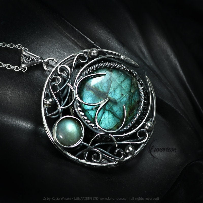 Sterling Silver necklace Crescent Moon Pagan Pendant Labradorite jewellery gothic elven elvish unique fantasy unisex gift vampire style