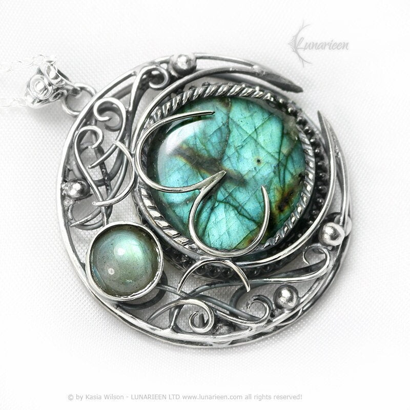 Sterling Silver necklace Crescent Moon Pagan Pendant Labradorite jewellery gothic elven elvish unique fantasy unisex gift vampire style