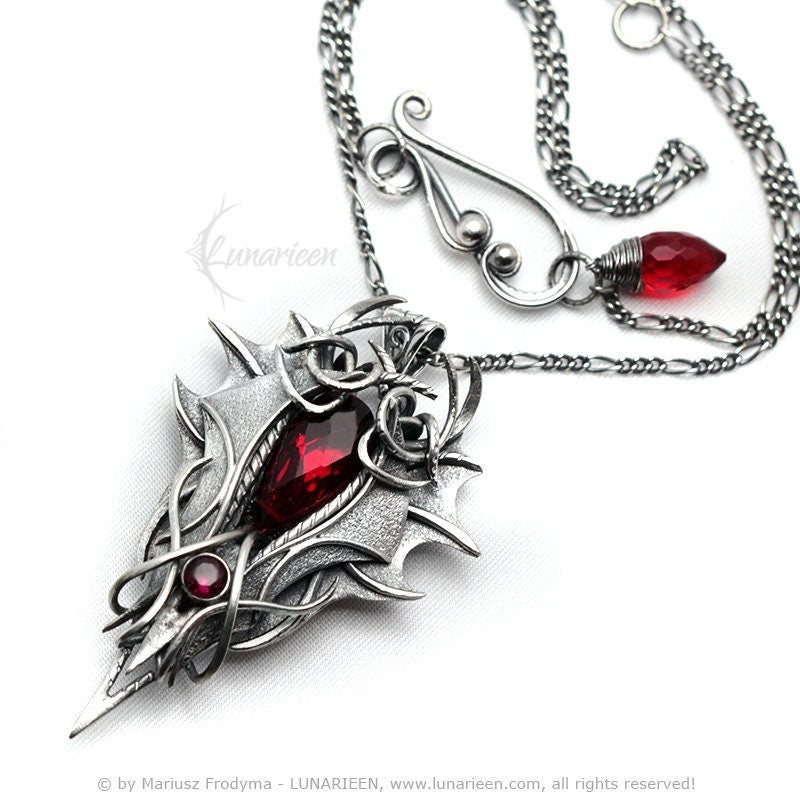 Sterling Silver, Fantasy Gothic Dragon style Necklace Pendant, Red Quartz, Vampire Demonic Witchy Jewellery Jewelry, Unisex Unique Jewellery