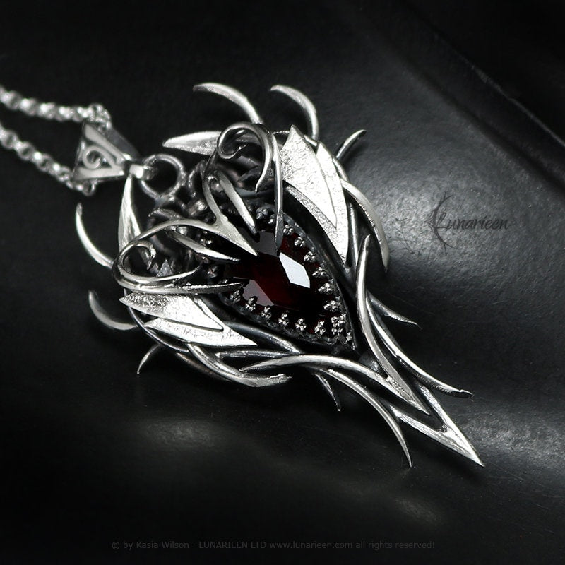 Sterling Silver wire wrap Fantasy Gothic pendant necklace, Red Quartz, Unique Gift, Elven, Elvish Jewelry Vampire Jewellery Dragon