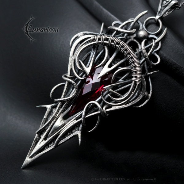 Sterling Silver, Fantasy Gothic style Necklace Pendant, Red Quartz, Vampire Elven Witchy, Unisex Unique Jewellery Jewelry Gift