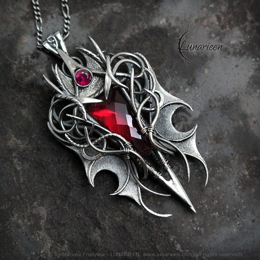 Sterling Silver, Fantasy Gothic style Necklace Pendant, Red Quartz Cubic Zirconia Vampire Elven Witchy, Unisex Unique Jewellery Jewelry Gift