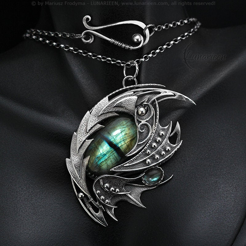 Sterling Silver Wire Wrapped Dragon’s Eye Pendant Necklace Royal Green Blue Gold Labradorite Gothic Fantasy Unique Gift Jewellery Jewelry