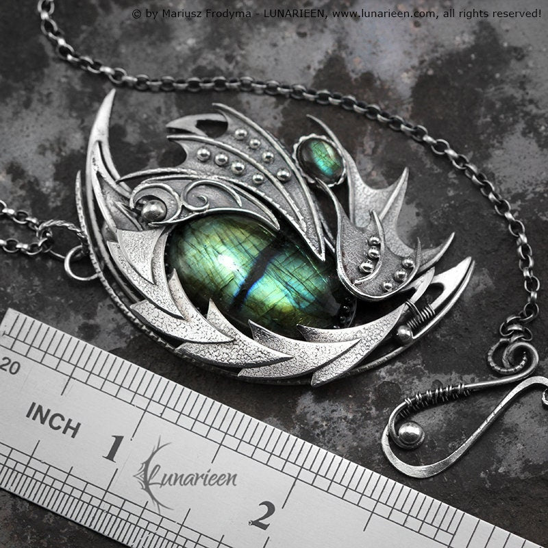 Sterling Silver Wire Wrapped Dragon’s Eye Pendant Necklace Royal Green Blue Gold Labradorite Gothic Fantasy Unique Gift Jewellery Jewelry