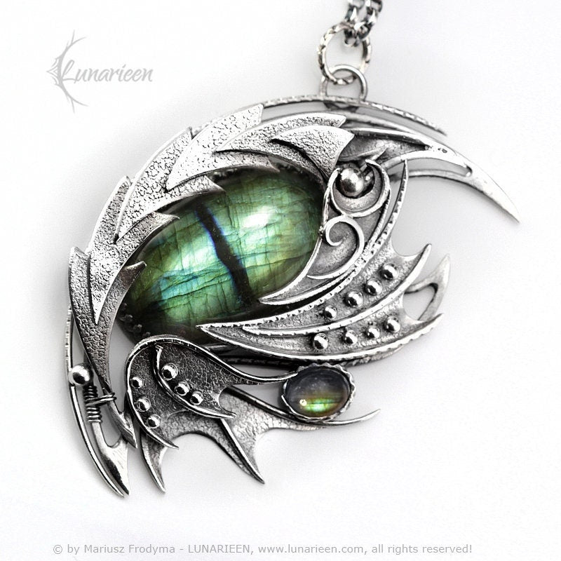 Sterling Silver Wire Wrapped Dragon’s Eye Pendant Necklace Royal Green Blue Gold Labradorite Gothic Fantasy Unique Gift Jewellery Jewelry