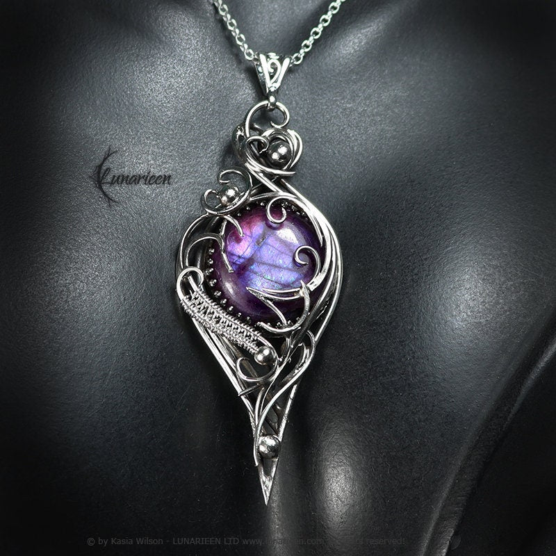 Silver Wire wrapped necklace wire wrap Purple Labradorite gothic goth fantasy pendant silver unique jewellery jewelry gift vampire witchy