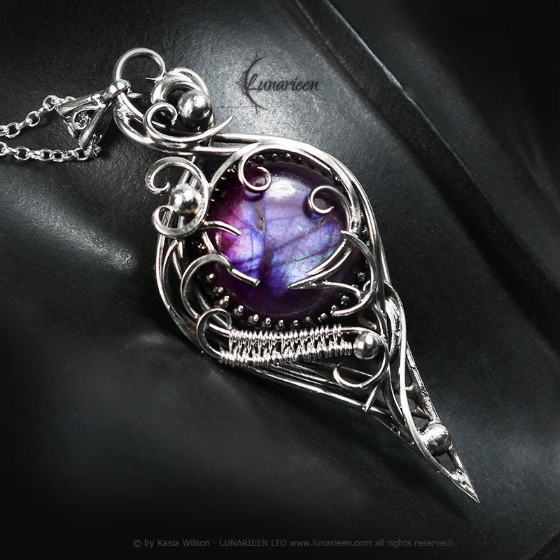 Silver Wire wrapped necklace wire wrap Purple Labradorite gothic goth fantasy pendant silver unique jewellery jewelry gift vampire witchy