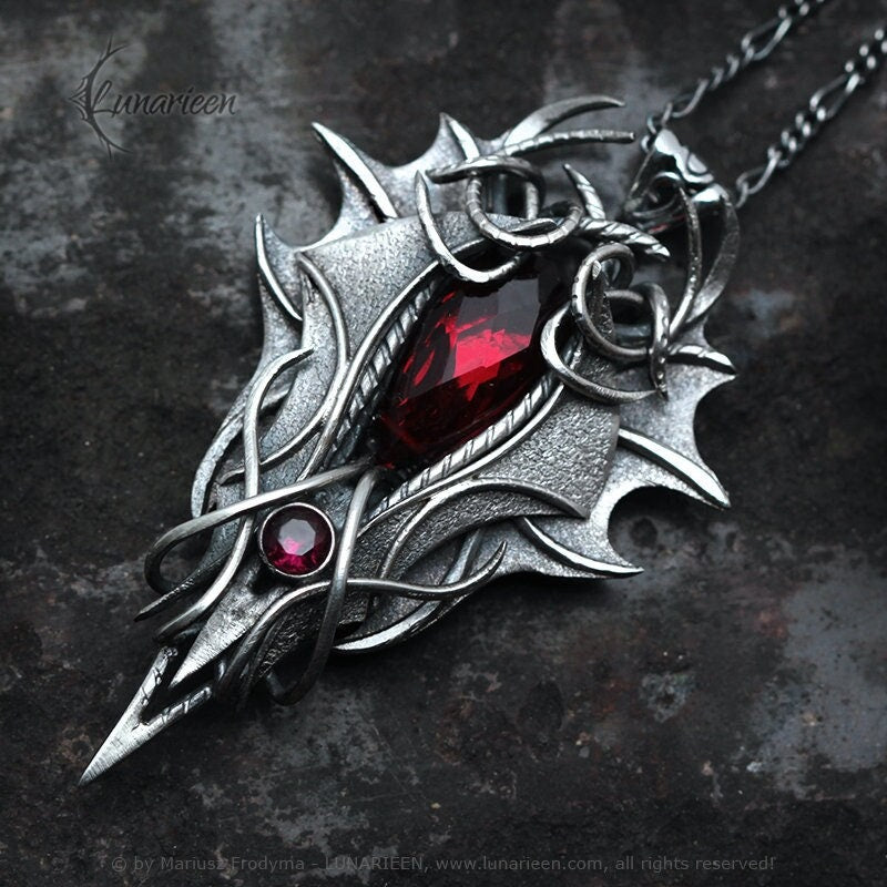 Sterling Silver, Fantasy Gothic Dragon style Necklace Pendant, Red Quartz, Vampire Demonic Witchy Jewellery Jewelry, Unisex Unique Jewellery