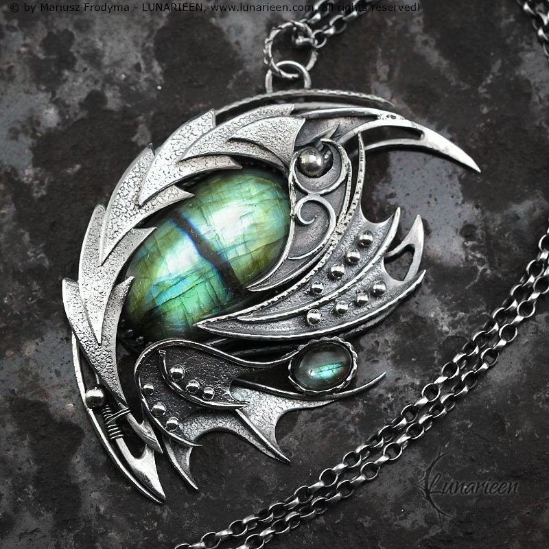 Sterling Silver Wire Wrapped Dragon’s Eye Pendant Necklace Royal Green Blue Gold Labradorite Gothic Fantasy Unique Gift Jewellery Jewelry