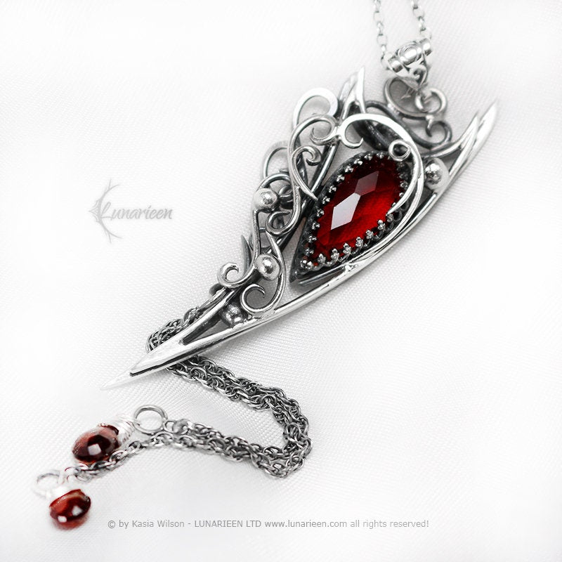 Sterling Silver wire wrap Fantasy Gothic pendant Garnet necklace, Red Quartz, Gift, Elven, Elvish Jewelry Jewellery Witchy Vampire fashion