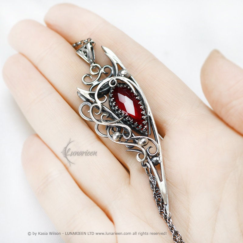 Sterling Silver wire wrap Fantasy Gothic pendant Garnet necklace, Red Quartz, Gift, Elven, Elvish Jewelry Jewellery Witchy Vampire fashion